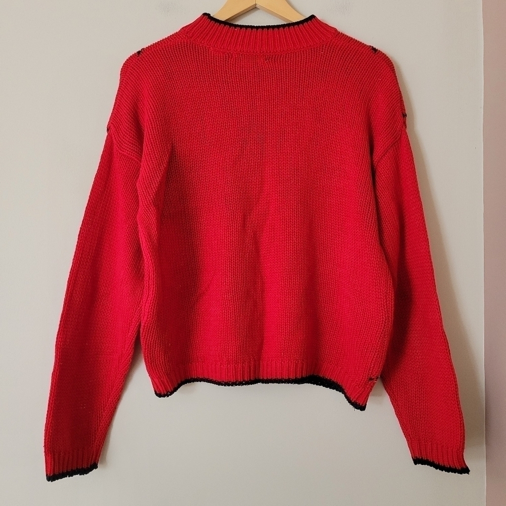Vintage 80s Red Knit Mockneck Colourful Argyle Sweater Teachercore - Picture 2 of 8